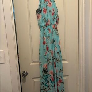 Elegant Floral Jumpsuit - Light Blue and Pink
